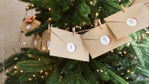 Preparing an Advent calendar for Christmas. Eco-craft envelopes with numbers for children. Christmas background, Advent from small craft envelopes.