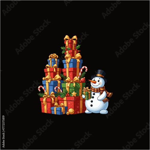 A cheerful snowman wearing a top hat and scarf stands next to a tall stack of colorful Christmas presents, holding a small gift.