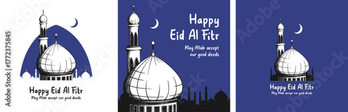 Happy eid al fitr. Hand drawn style vector illustration of mosque for islamic celebration banner, poster, or card.