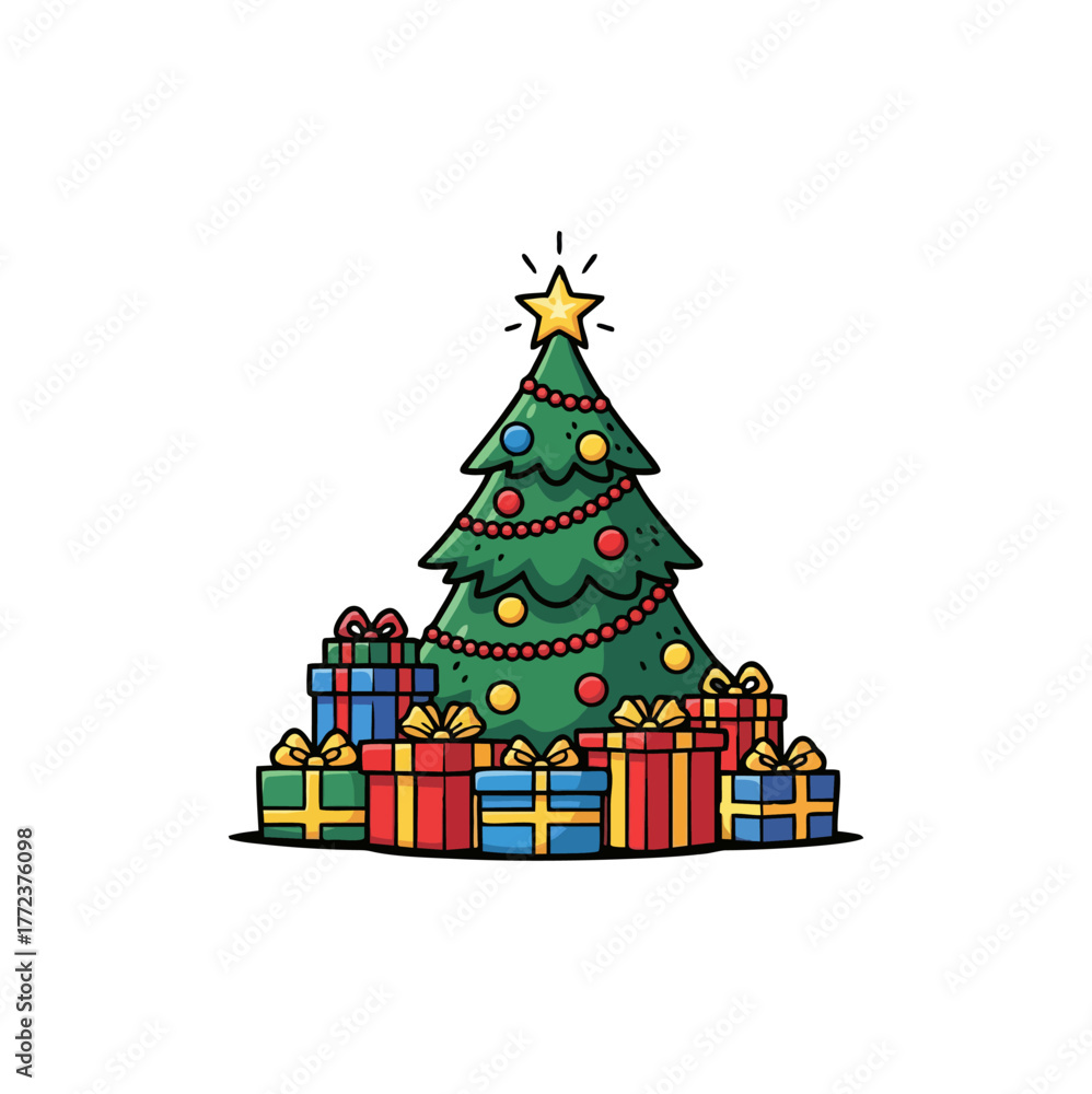 Fototapeta premium A cartoon Christmas tree adorned with ornaments and a star, surrounded by colorful wrapped presents, isolated on a white background.