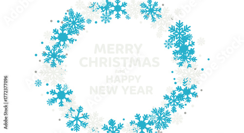 A festive Christmas and New Year's greeting is framed by a delicate wreath of blue and white snowflakes, creating a joyful and wintery holiday illustration.