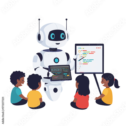 Robot teaching coding skills to diverse elementary school children, presenting digital learning concepts in a flat 2D minimalistic vector illustration on a clean white background.