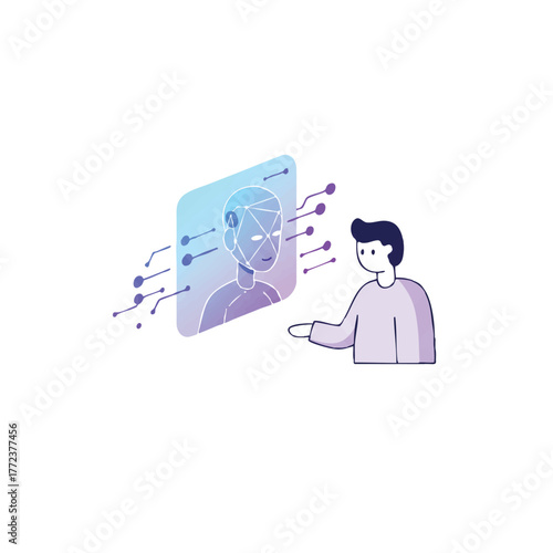 Flat 2D minimalistic illustration showing a human interacting with a futuristic glowing data interface, symbolizing complex machine learning and technological advancement.