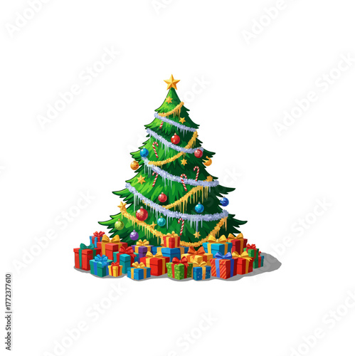 A beautifully decorated Christmas tree adorned with ornaments, tinsel, and a star, surrounded by a generous pile of brightly wrapped gift boxes.