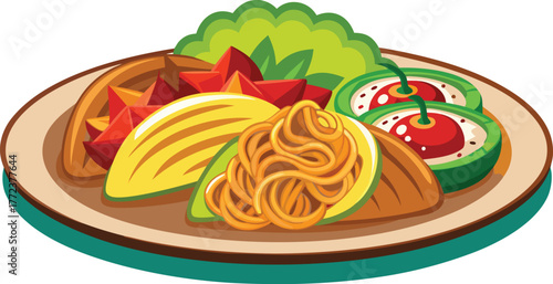 High-resolution platter featuring Asian noodles, Italian pasta, and Mexican tacos in realistic icon form.