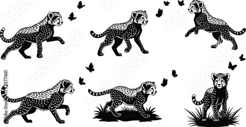 Cute baby cheetah cubs playing with butterflies, wildlife illustration, African savanna animals, black and white vector art, nature concept design
