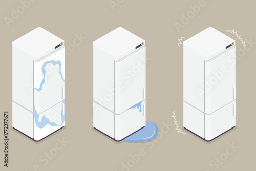 Broken refrigerators set. Damaged fridge with water flowing, vibration, icing. Home appliance. 3d flat isometric vector illustration.