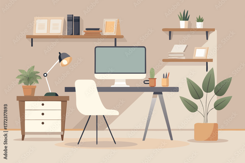 Fototapeta premium Modern Home Office Desk Setup With Computer, Plants, and Shelves for Cozy Workspace Productive Environment