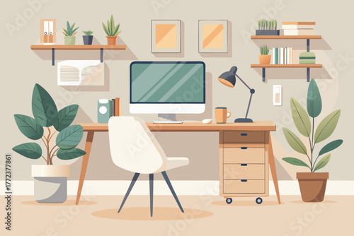 A stylish, productive home office setup featuring a large computer monitor on a wooden desk, surrounding plants, books, and a task lamp. Perfect for work, study, and creative tasks.