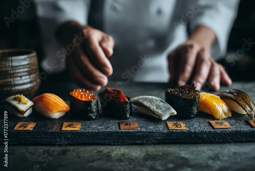Artisan sushi platter with meticulously crafted pieces including salmon, tuna, and roe served on a textured slate board showcasing culinary expertise and traditional Japanese techniques