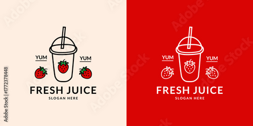 Fresh juice logo. Strawberry. Hand drawn.