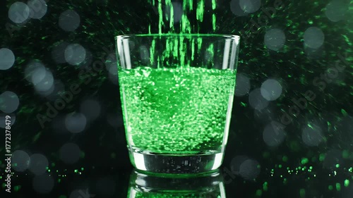 Glass filled with bright green liquid being poured into it, surrounded by glowing light particles