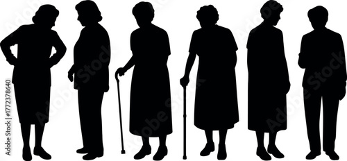 Silhouette of elderly people standing and holding canes for support
