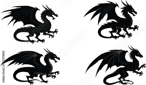 Fantasy dragon silhouette collection with wings and claws, mythical creature vector design for tattoo, logo, fantasy art, and illustration