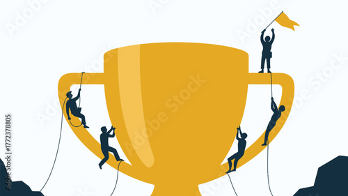 Silhouetted climbers ascending a giant golden trophy with one raising a flag at the top of the cup