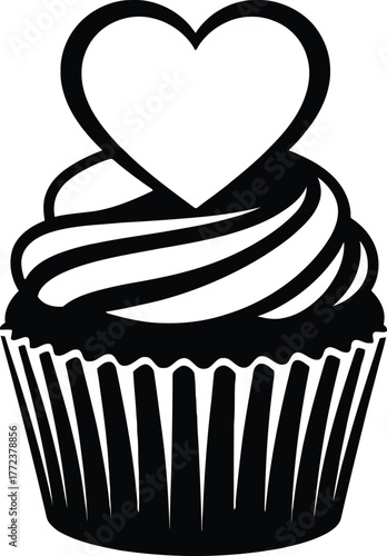 A black and white illustration of a cupcake with a heart on top, isolated on white background
