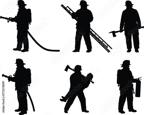 Silhouette firefighters with equipment, fire hose, ladder, axe, and extinguisher teamwork safety concept, emergency rescue service profession illustration design