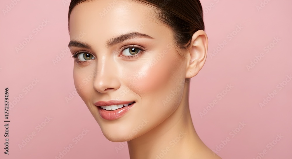 Obraz premium Closeup portrait of a young woman with natural makeup and a gentle smile, her eyes looking towards the camera, with a soft pink background