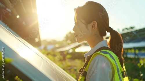 ソーラーパネルの点検をしている女性