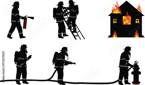Firefighter team in action with fire truck, extinguishing burning house, emergency rescue service, firefighting safety equipment, hero workers illustration