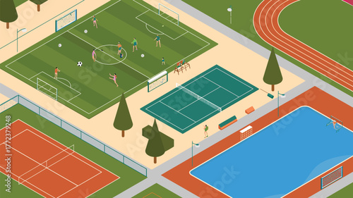 Isometric view of sports complex with soccer field tennis courts track and pool from above angle