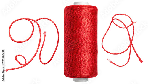 A bright red spool of thread with loose loops on either side