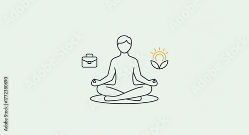 Person meditating with briefcase and sun plant symbol for work life balance concept art design created with generated ai