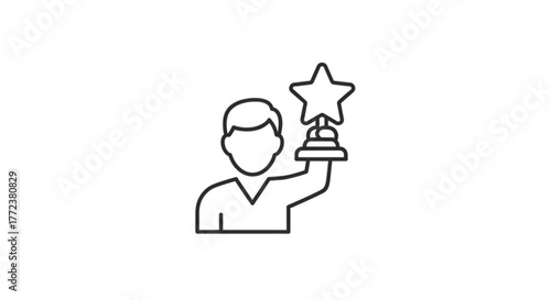 Person holding a star trophy above head in celebration of success and achievement in black outline created with generated ai