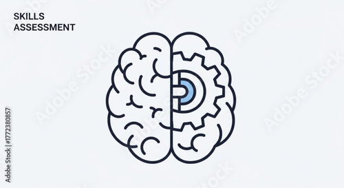 Illustration of a brain with one half as organic and the other as a gear representing skills created with generated ai