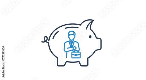 Line drawing of a piggy bank with a businessman holding a briefcase inside in blue and black colors created with generated ai