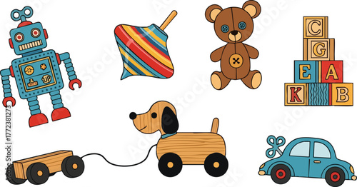 Vintage Retro Toys Including Robot Spinning Top Teddy Bear Blocks Toy Car and Dog Pull Toy