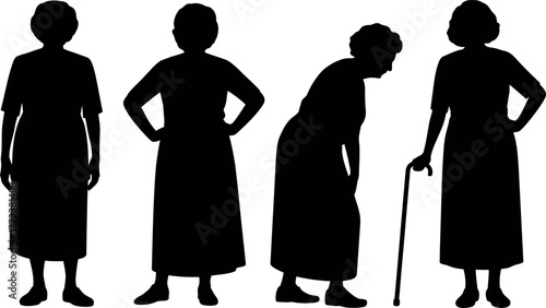 Silhouettes of Elderly Women Showing Aging Process and Different Poses