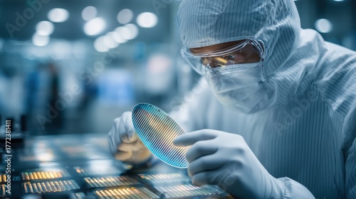 Microchip fabrication process with technician examining semiconductor wafer in cleanroom environment