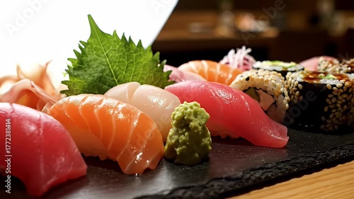 A close-up view of fresh sushi with various colorful ingredients on a black plate