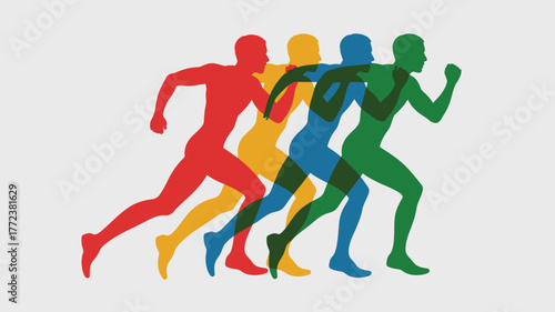 Colorful silhouettes of runners in motion against a white background showing speed and competition