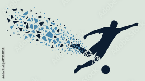 Silhouette of soccer player kicking ball with geometric shapes dissipating from his leg design art