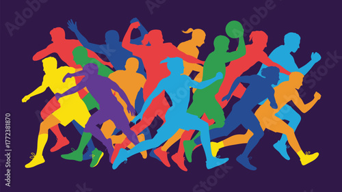 Colorful silhouettes of athletes in various sports activities against a dark purple background