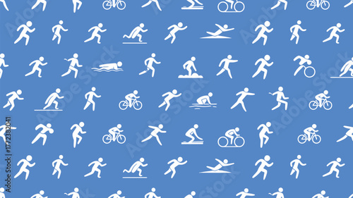 White athletic figures on blue background showing running swimming and cycling sports activity icons