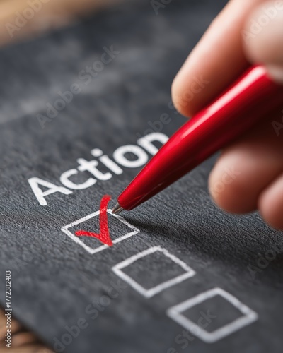 A hand marking a checkbox on a checklist labeled 