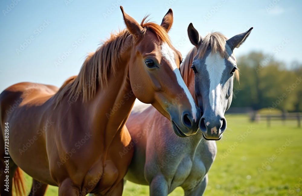 Obraz premium Two horses stand in field, showing affection. Brown, grey animals touch heads in friendship communication. Equine interaction in pasture with green grass. Mammals care, connect, build relationships