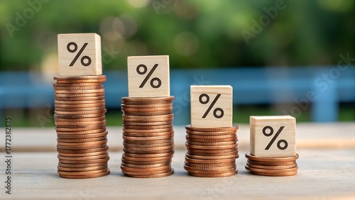 Falling interest rates shown by coin stacks and percentage blocks offer a visual representation of financial decline and economic trends