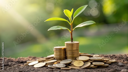 Grow your wealth with a young plant growing from a pile of gold coins, symbolizing investment and financial growth for a secure future