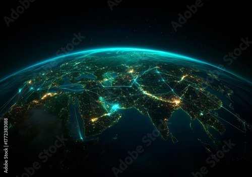 Experience global connectivity across Asia and the Middle East with glowing network lines showing digital infrastructure and communication hubs