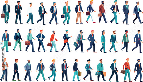 Business Men Walking Diverse Characters Vector Illustration Collection Set