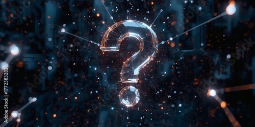 Abstract 3D question mark made of connected particles and lines, concept of artificial intelligence network and digital innovation