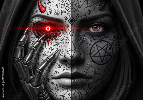 creepy demonic female face with tattoos . Generative AI