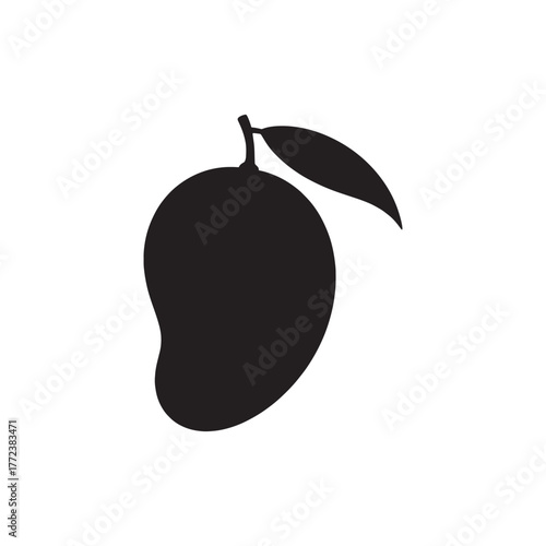 Black silhouette of a mango fruit with a single leaf on a white background vector