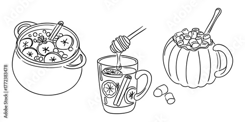 Set of cozy hand drawn drinks including mulled wine, tea with honey and cinnamon, and cocoa with marshmallows in mugs. Represents warmth, comfort and autumn relaxation concept