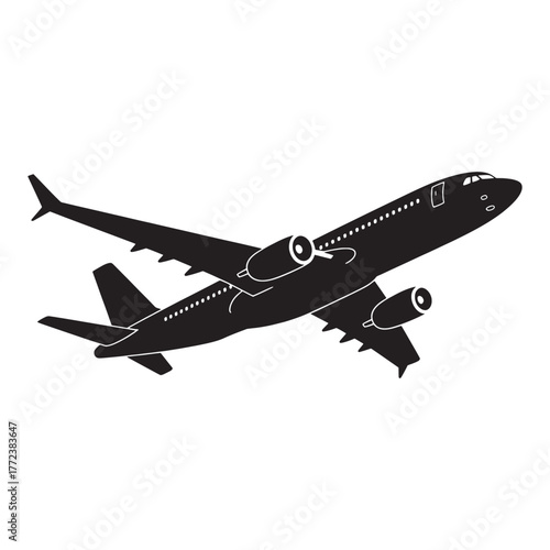 Black silhouette of a passenger airplane in flight against a white background aircraft travel