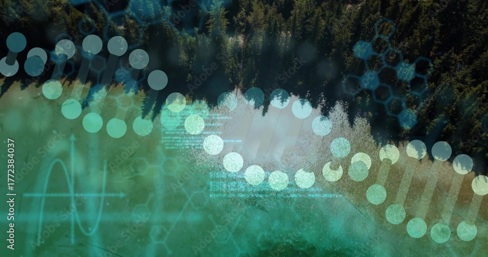 Obraz premium Floating DNA helix overlaying pine forest and turquoise lake, with hex patterns and code waves